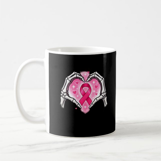 Breast Cancer Skeleton Hand Heart Sign Ribbon Awar Coffee Mug (Left)