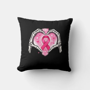 Breast Cancer Skeleton Hand Heart Sign Ribbon Awar Cushion