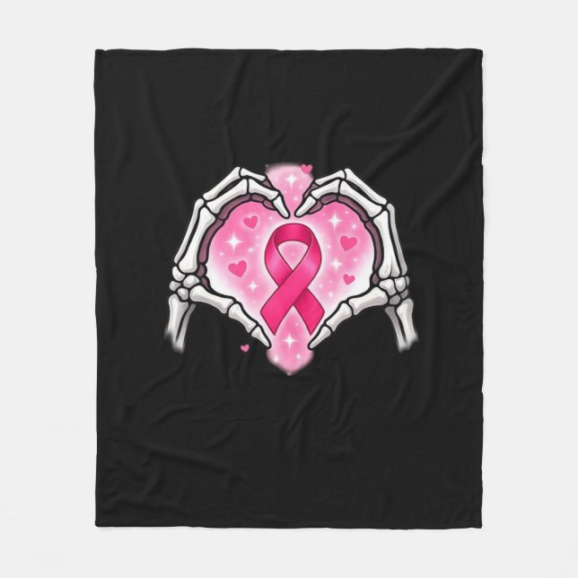 Breast Cancer Skeleton Hand Heart Sign Ribbon Awar Fleece Blanket (Front)