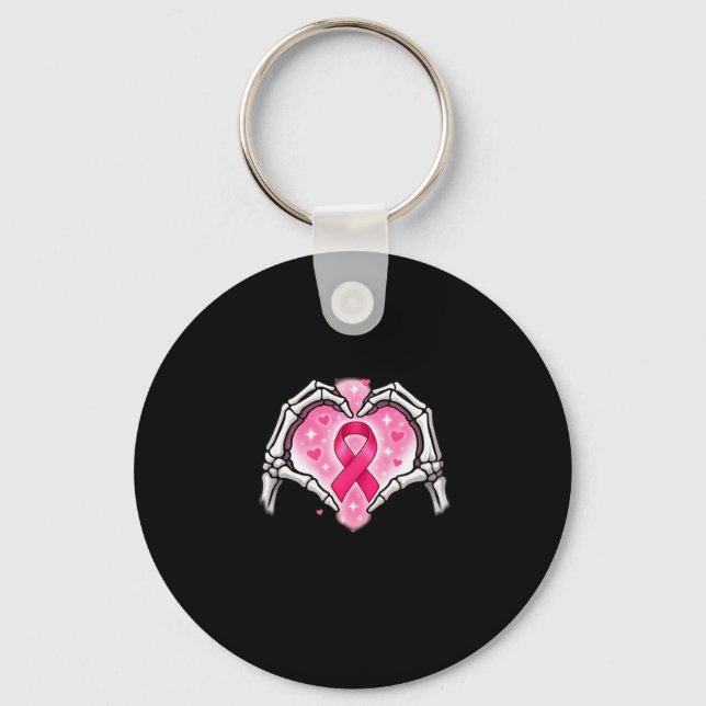 Breast Cancer Skeleton Hand Heart Sign Ribbon Awar Key Ring (Front)