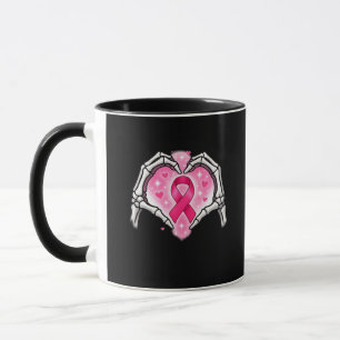 Breast Cancer Skeleton Hand Heart Sign Ribbon Awar Mug
