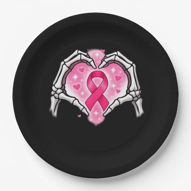 Breast Cancer Skeleton Hand Heart Sign Ribbon Awar Paper Plate (Front)