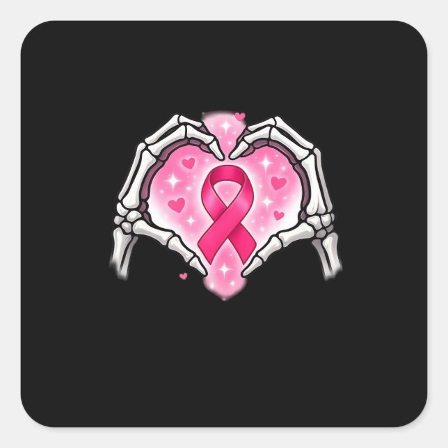 Breast Cancer Skeleton Hand Heart Sign Ribbon Awar Square Sticker (Front)