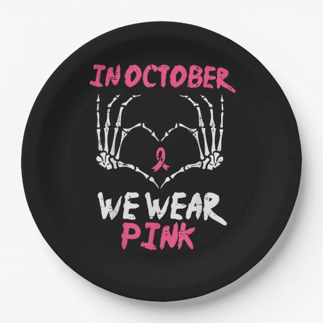 Breast Cancer Skeleton Hand Heart We Wear Women Paper Plate (Front)
