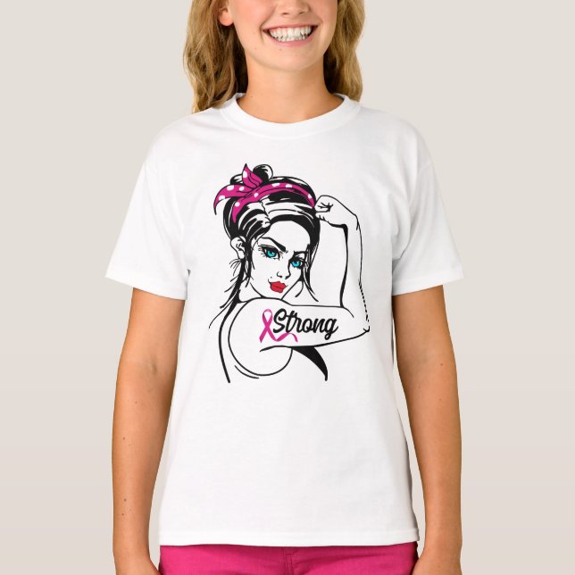 Breast Cancer Strong Rosie The Riveter Pink Ribbon T-Shirt (Front)