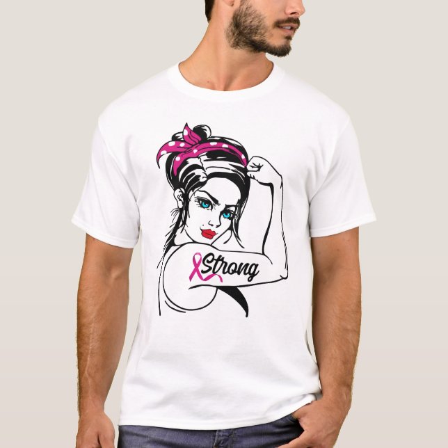 Breast Cancer Strong Rosie The Riveter Pink Ribbon T-Shirt (Front)