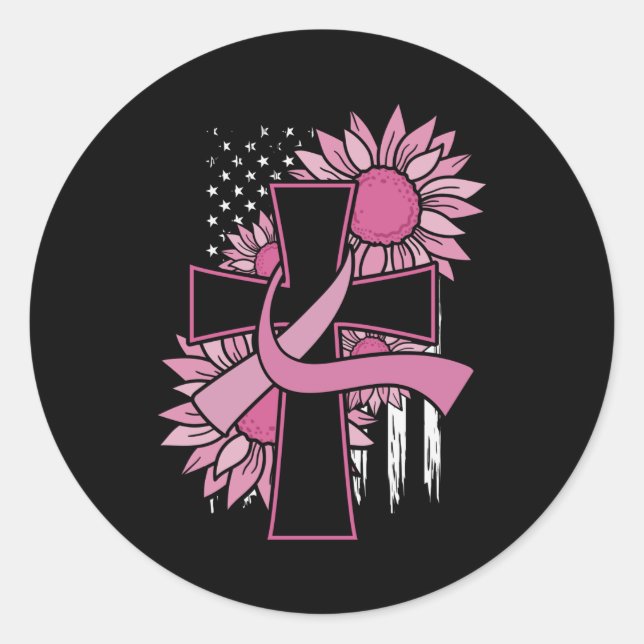 Breast Cancer Sunflower Pink Ribbon Cross Faith Classic Round Sticker (Front)
