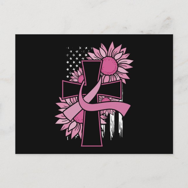 Breast Cancer Sunflower Pink Ribbon Cross Faith Postcard (Front)
