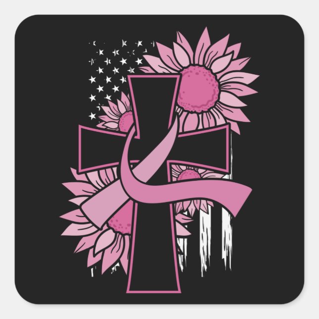 Breast Cancer Sunflower Pink Ribbon Cross Faith Square Sticker (Front)