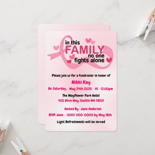 Breast Cancer Support Team Pink Ribbon Personalise Invitation (Front/Back In Situ)