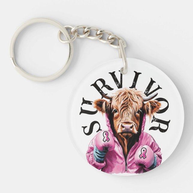 Breast Cancer Survivor Cow White Key Ring (Front)