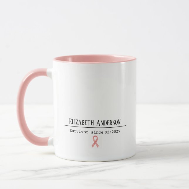 Breast Cancer Survivor Name & Date Pink Ribbon Mug (Left)
