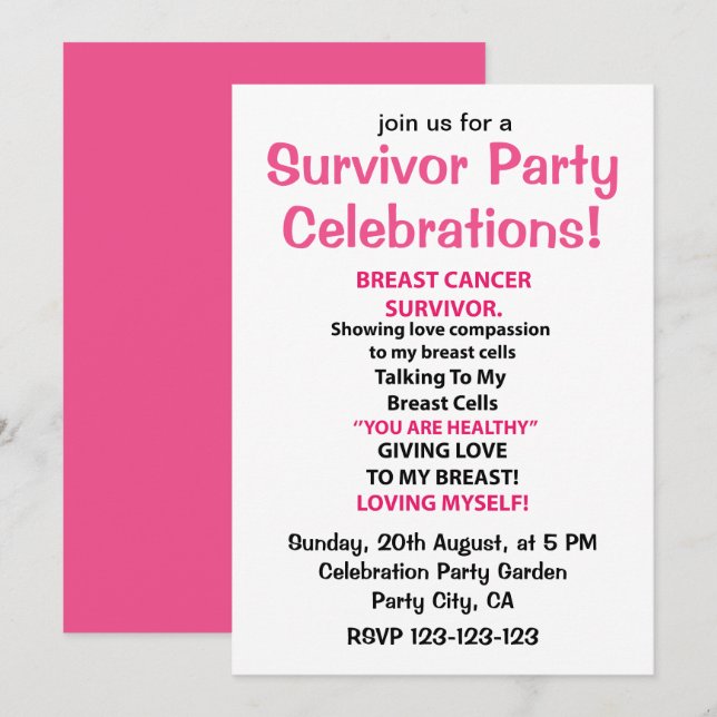 Breast Cancer Survivor Party Celebration Invitation (Front/Back)