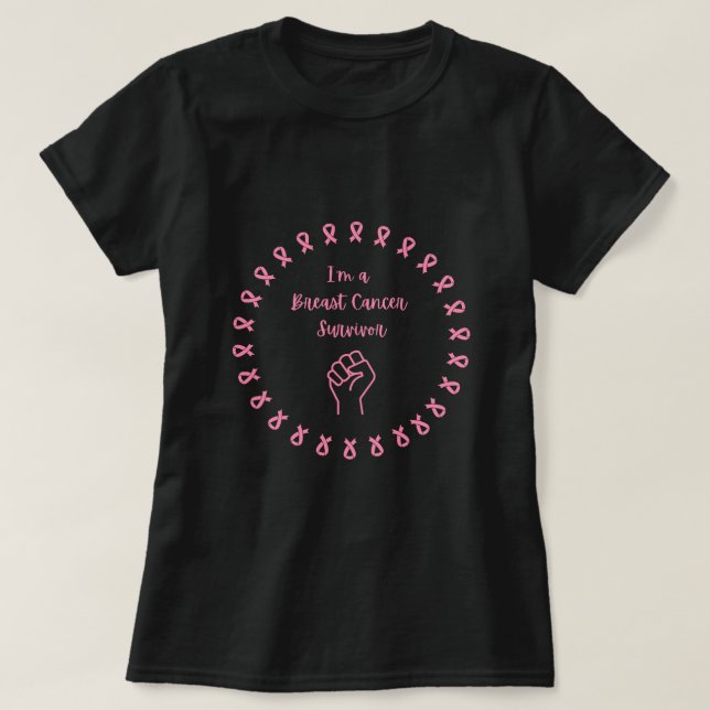 Breast Cancer Survivor Pink Fist Black T-Shirt (Design Front)