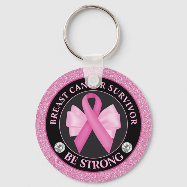 Breast Cancer Survivor – Pink Ribbon & Bow Glitter Key Ring (Front)