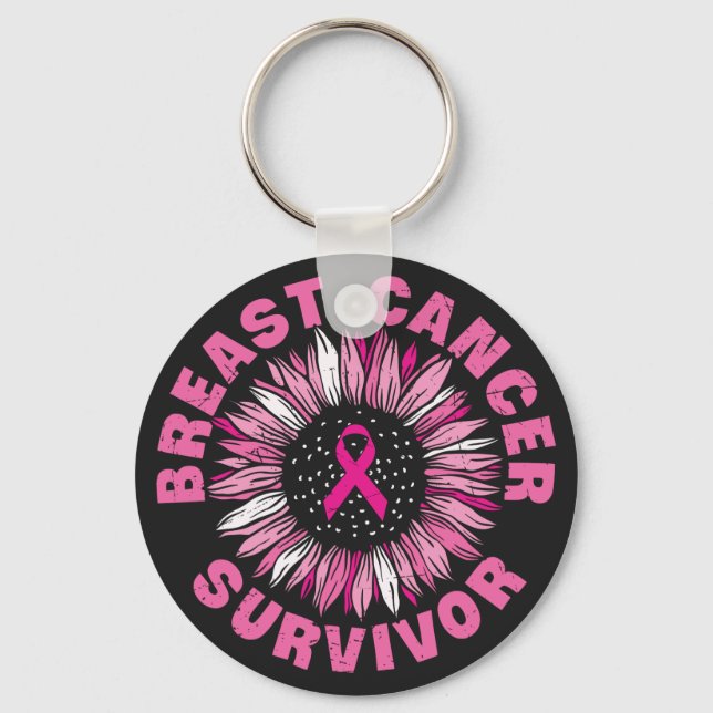 Breast Cancer Survivor Pink Ribbon Sunflower Key Ring (Front)