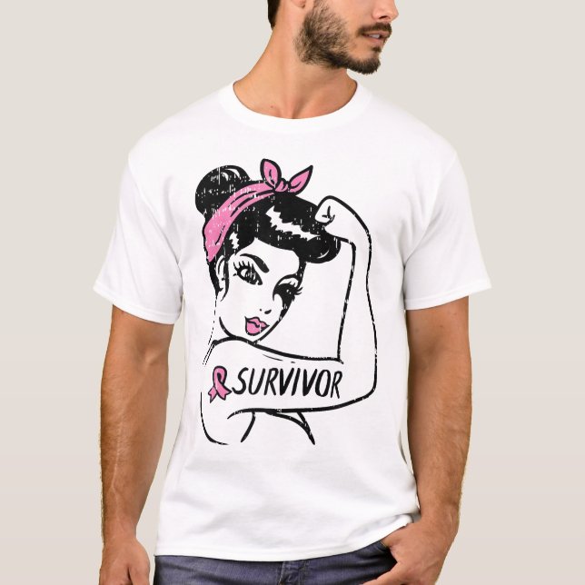Breast Cancer Survivor Rosie Riveter Pink Awarenes T-Shirt (Front)