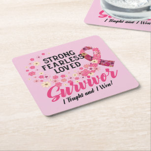 Breast Cancer Survivor Strong Fearless Loved Square Paper Coaster