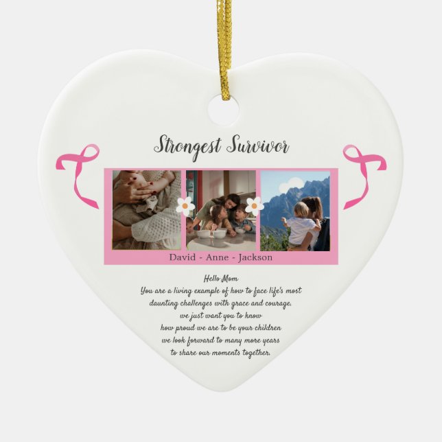 Breast Cancer Survivor Three Photo Collage Ceramic Tree Decoration (Front)