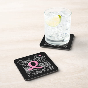 Breast Cancer Typographic Faith Love Hope Coaster