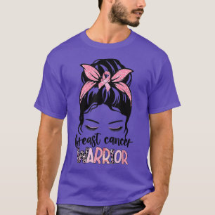 Breast Cancer Warrior Messy Bun Hair Pink Ribbon W T-Shirt