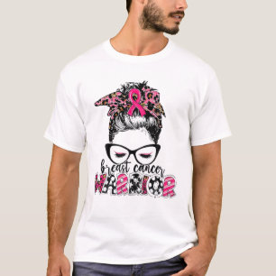 Breast Cancer Warrior Pink Messy Bun Leopard Woman T-Shirt