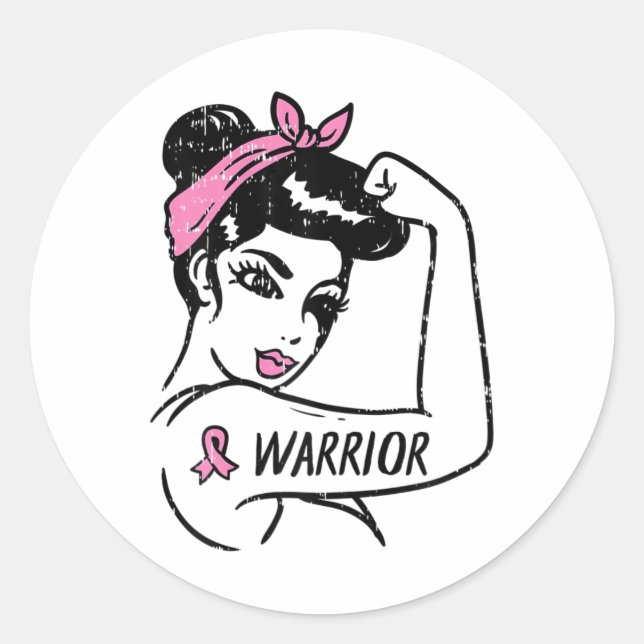 Breast Cancer Warrior Rosie Riveter Pink Women  Classic Round Sticker (Front)