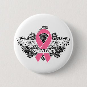 Breast Cancer Winged SURVIVOR Ribbon 6 Cm Round Badge