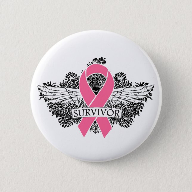 Breast Cancer Winged SURVIVOR Ribbon 6 Cm Round Badge (Front)