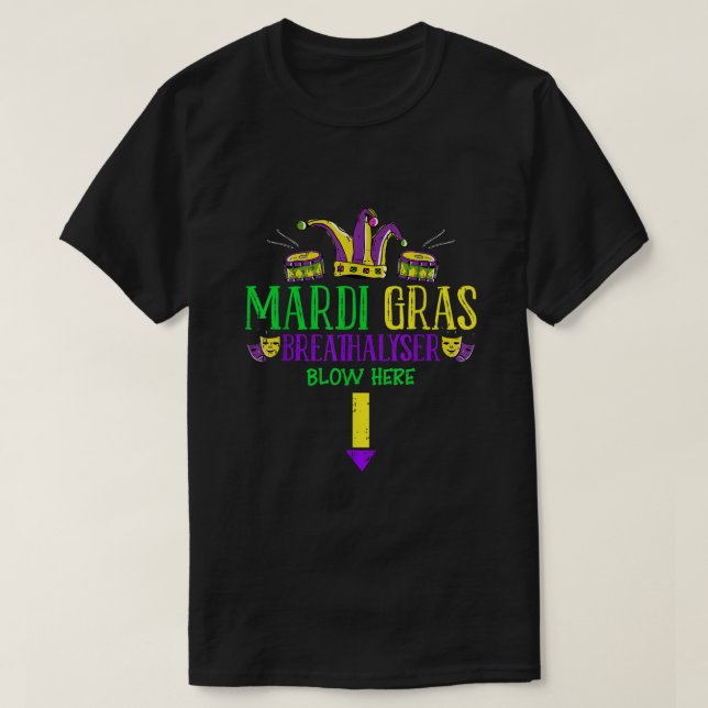 Breathalyzer Blow Here Mardi Gras Funny Masquerade T-Shirt (Design Front)