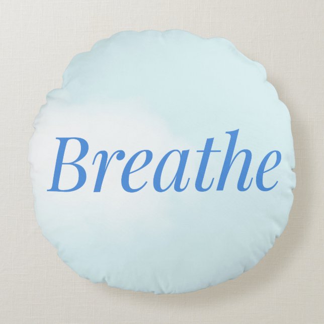 “Breathe” – Calming Blue Round Pillow for Mindful (Front)