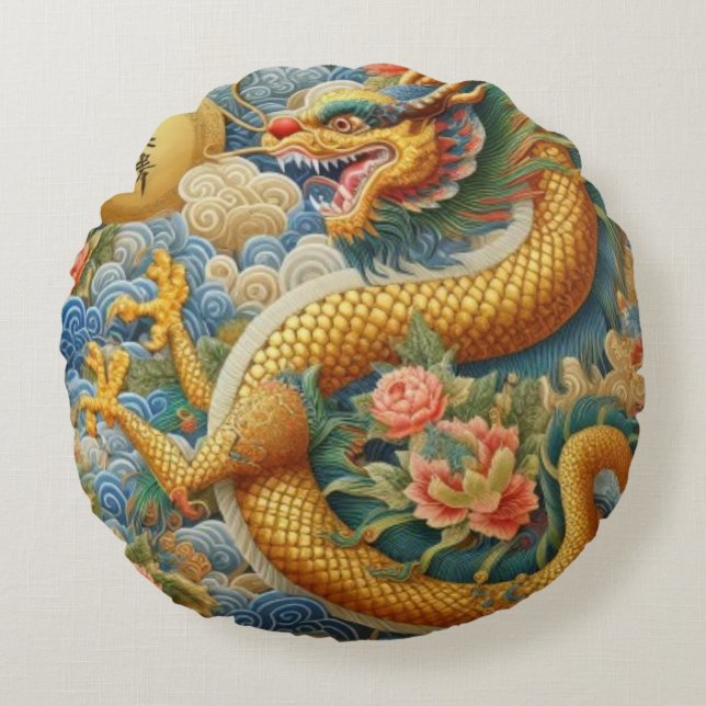 Breathe Fire Chinoiserie Dragon Gold Round Cushion (Front)
