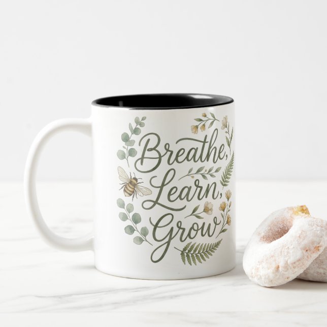 Breathe Learn Grow Bee for Homeschool parents Two-Tone Coffee Mug (With Donut)