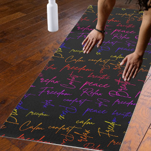 Breathe Relax Peace Rainbow Script Black Pattern Yoga Mat