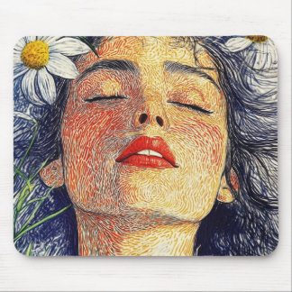 Breathe With Daisies Graphic Nature Portrait Woman Mouse Mat