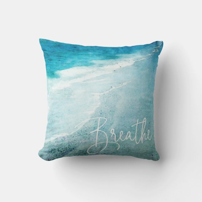 Breathe Yoga Quote Retro Beach Teal Blue Ocean Cushion (Front)