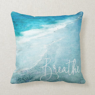 Breathe Yoga Quote Retro Beach Teal Blue Ocean Cushion