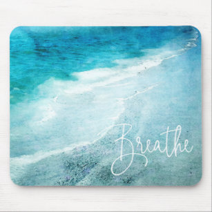 Breathe Yoga Quote Retro Beach Teal Blue Ocean Mouse Mat