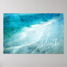 Breathe Yoga Quote Retro Beach Teal Blue Ocean Poster