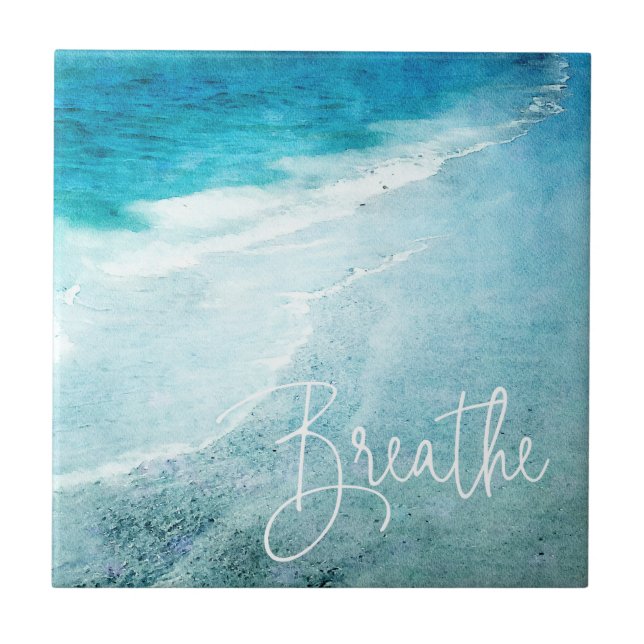 Breathe Yoga Quote Tropical Beach Coast Watercolor Tile (Front)