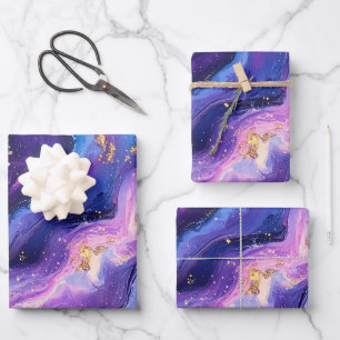 Breathtaking Purple Blue Magenta Gold Galaxy Wrapping Paper Sheet