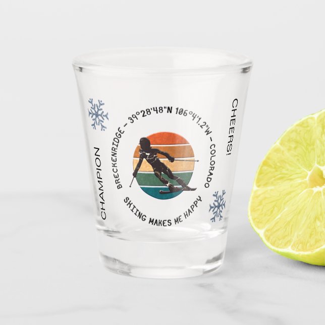 Breckenridge, Colorado - Woman Skier, Black Text Shot Glass (Front)