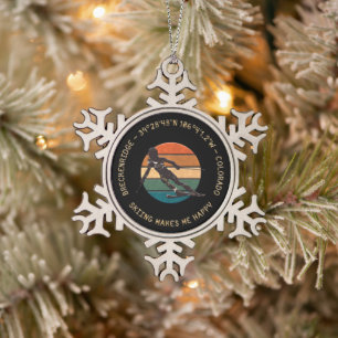 Breckenridge, Colorado - Woman Skier, Gold Text Snowflake Pewter Christmas Ornament