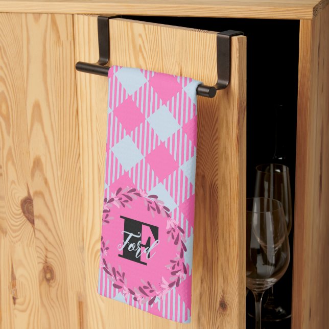 "Breezy Blue, Hot Pink"  Gingham Customisable Tea Towel (Thirds Fold)