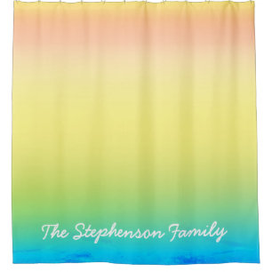 Breezy Cool Blue to Yellow Gradient and White Text Shower Curtain