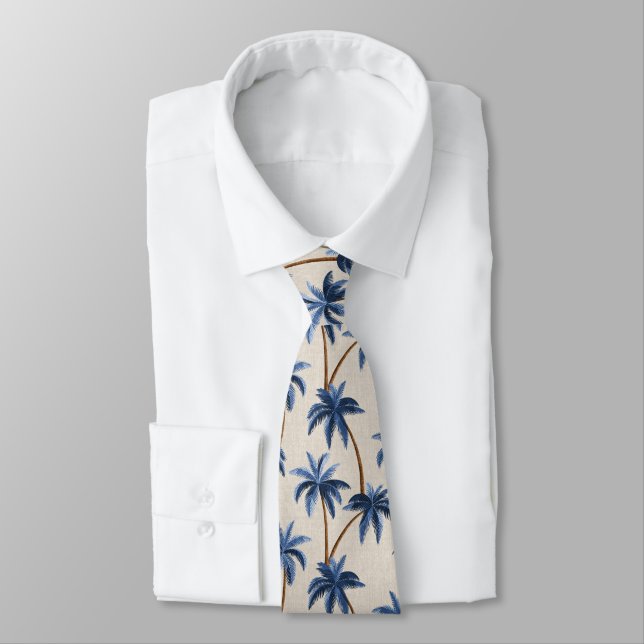 Breezy Palm Trees on Faux Grasscloth - Blue Tie (Tied)