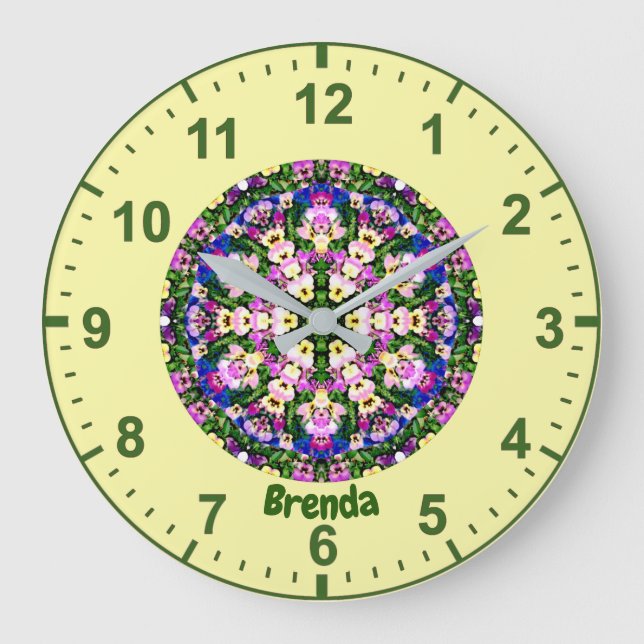 BRENDA ~  Multicoloured Miniature Pansies Yellow  Large Clock (Front)
