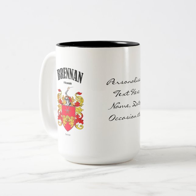 Brennan Family Crest, Translation & Meaning Two-Tone Coffee Mug (Front Left)