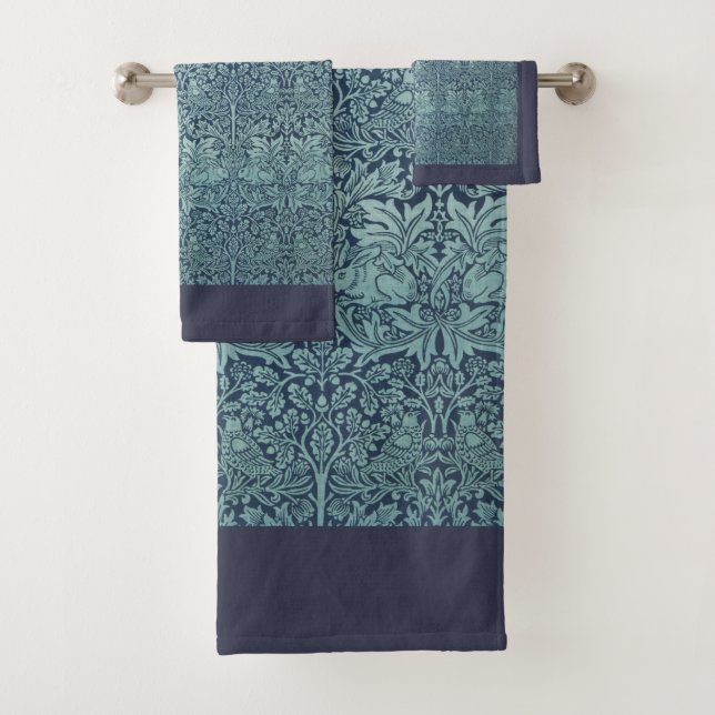 Brer Rabbit by William Morris Blue Textile Pattern Bath Towel Set (Insitu)
