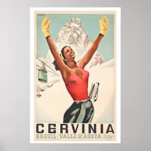 Breuil-Cervinia Aosta Valley Italy Vintage Ski Poster